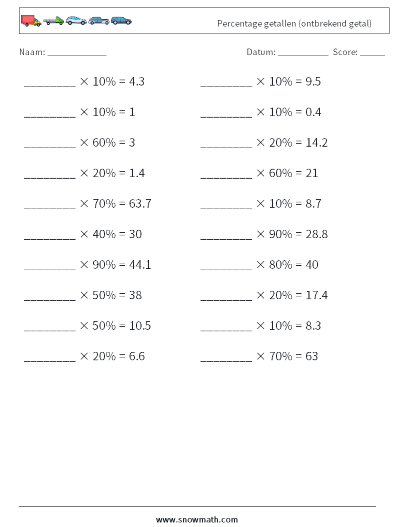 Percentage getallen (ontbrekend getal) Wiskundige werkbladen 2