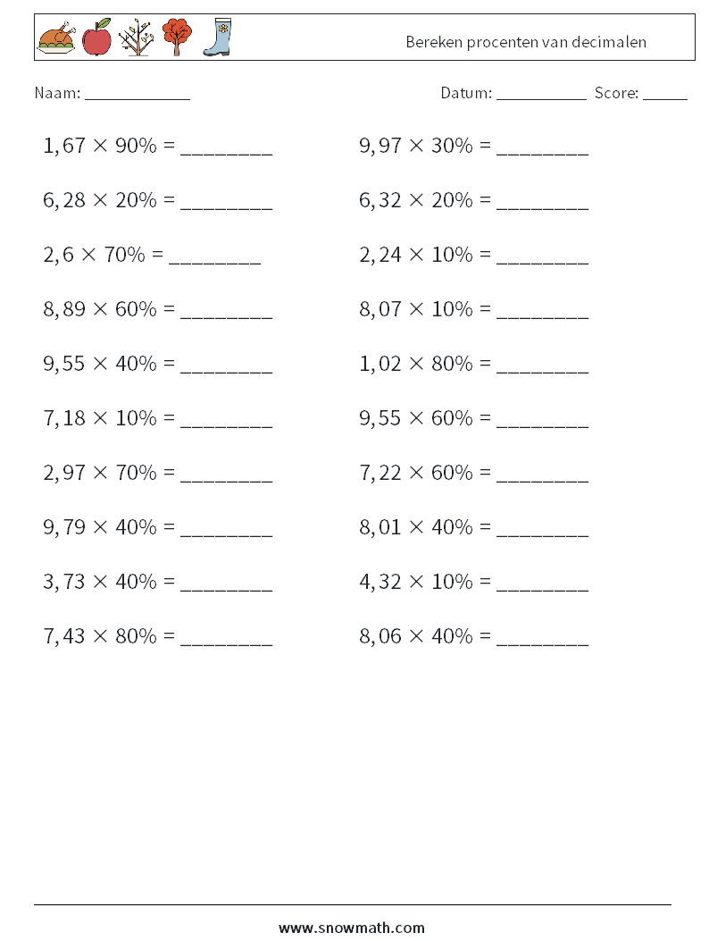 Bereken procenten van decimalen Wiskundige werkbladen 2