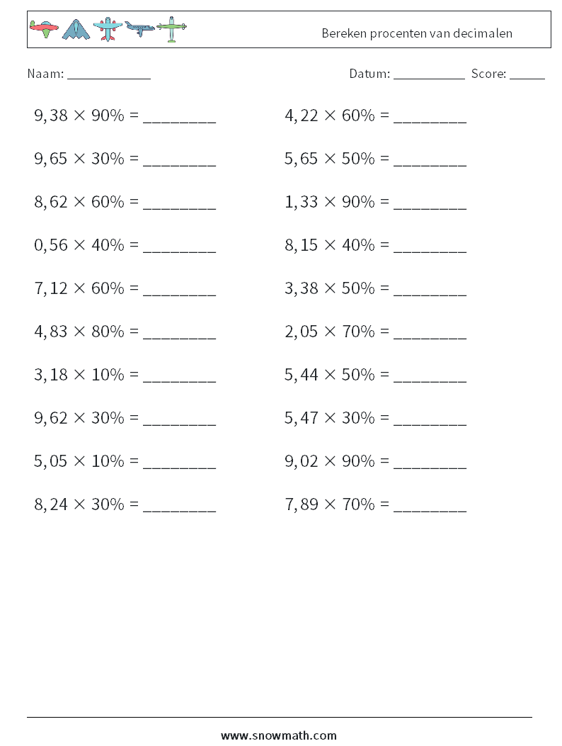 Bereken procenten van decimalen Wiskundige werkbladen 3