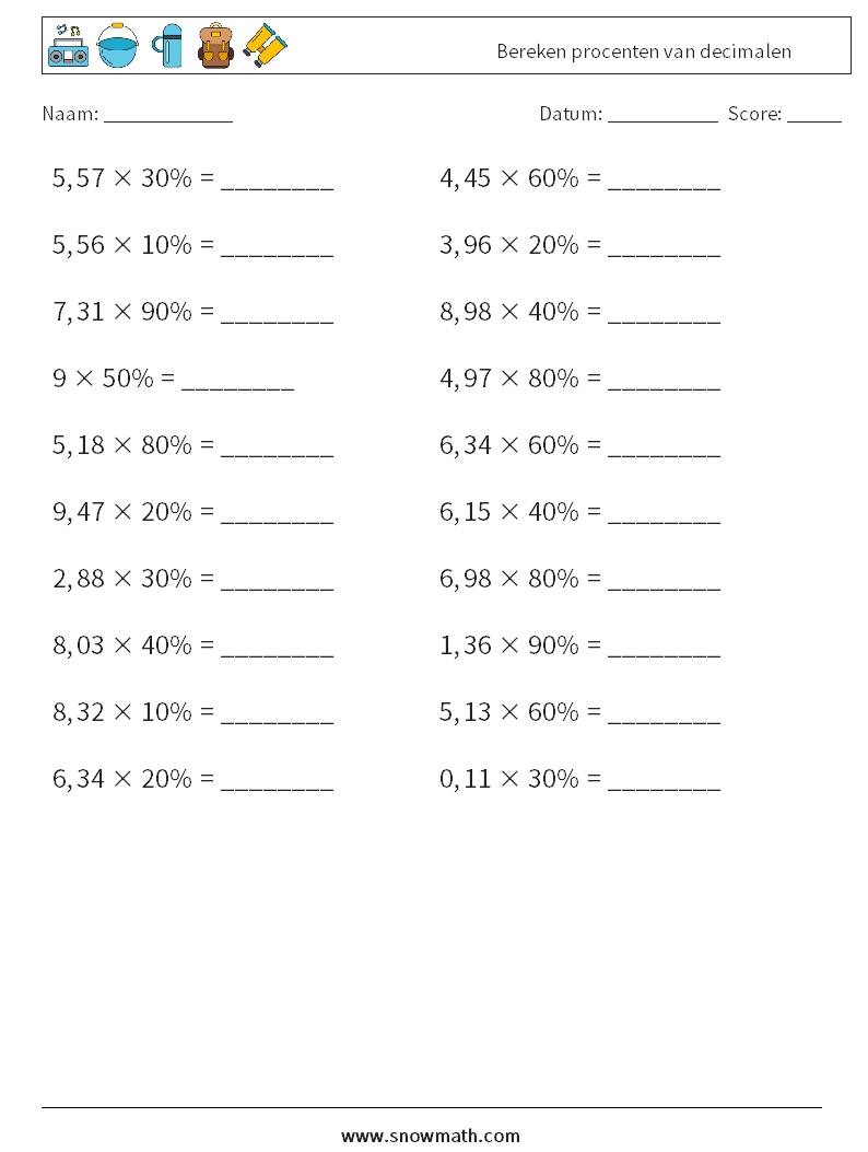 Bereken procenten van decimalen Wiskundige werkbladen 4