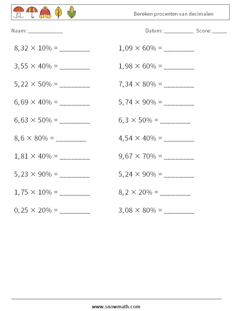 Bereken procenten van decimalen Wiskundige werkbladen 5