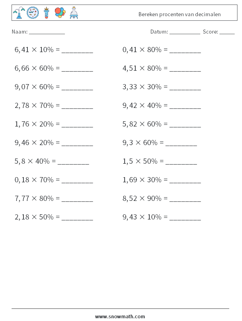Bereken procenten van decimalen Wiskundige werkbladen 6