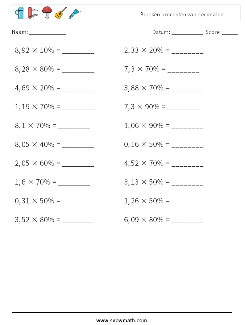 Bereken procenten van decimalen Wiskundige werkbladen 7
