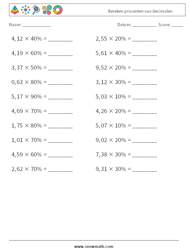 Bereken procenten van decimalen Wiskundige werkbladen 8