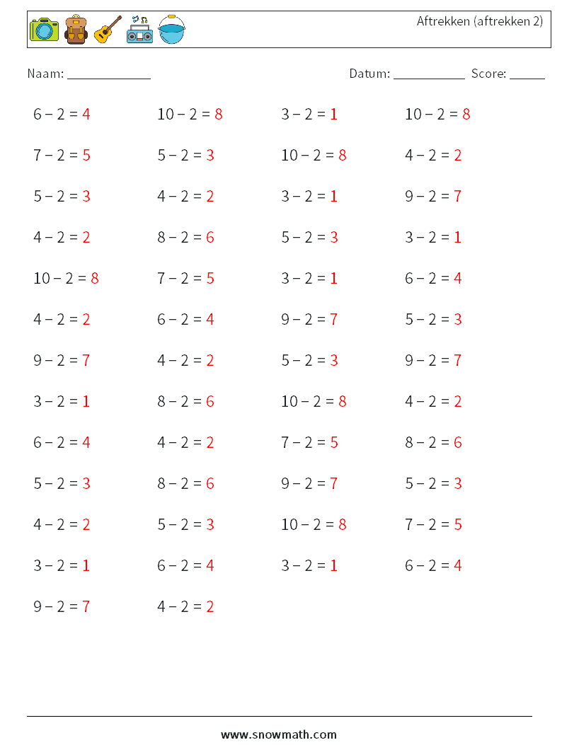 (50) Aftrekken (aftrekken 2) Wiskundige werkbladen 4 Vraag, Antwoord