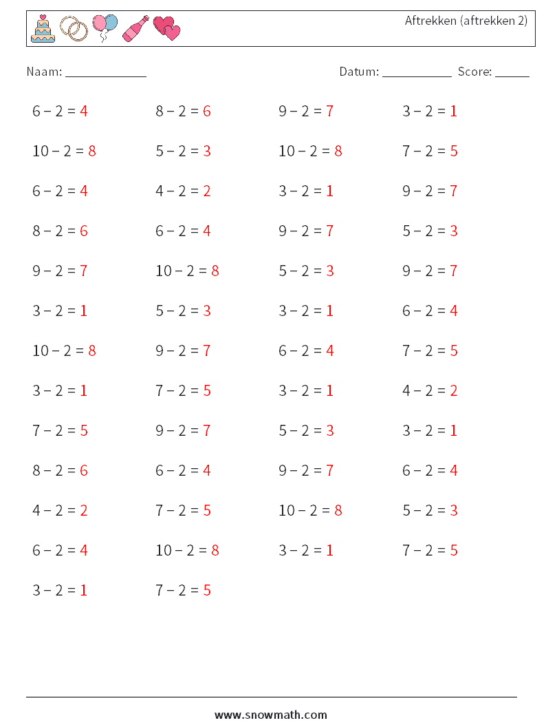 (50) Aftrekken (aftrekken 2) Wiskundige werkbladen 9 Vraag, Antwoord
