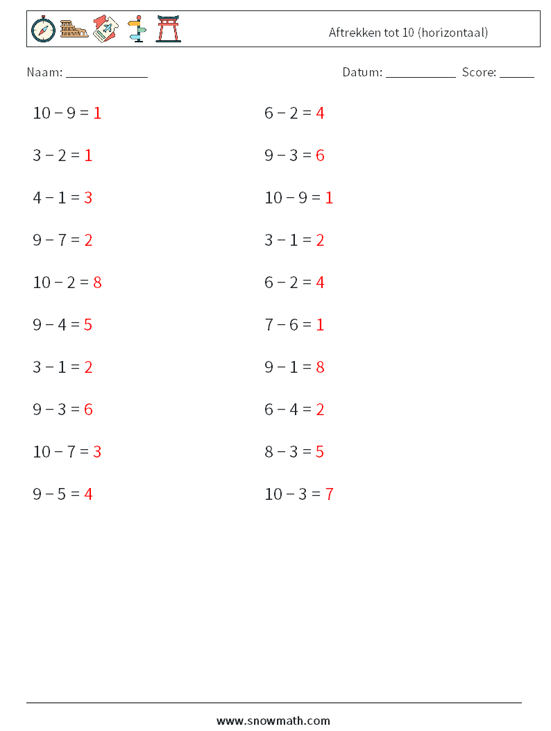 (20) Aftrekken tot 10 (horizontaal) Wiskundige werkbladen 1 Vraag, Antwoord