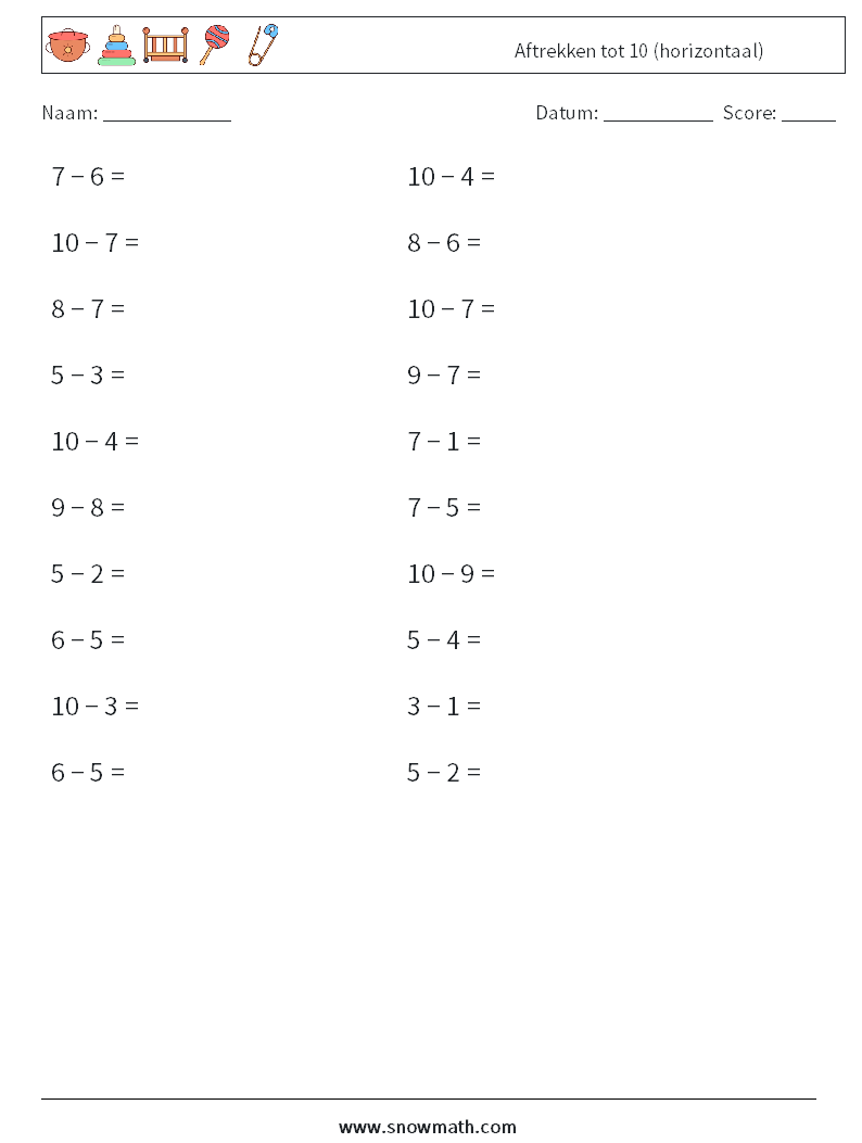 (20) Aftrekken tot 10 (horizontaal) Wiskundige werkbladen 2