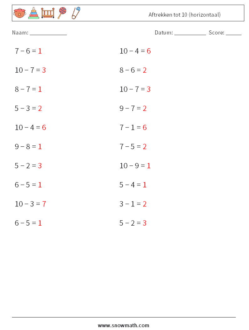 (20) Aftrekken tot 10 (horizontaal) Wiskundige werkbladen 2 Vraag, Antwoord