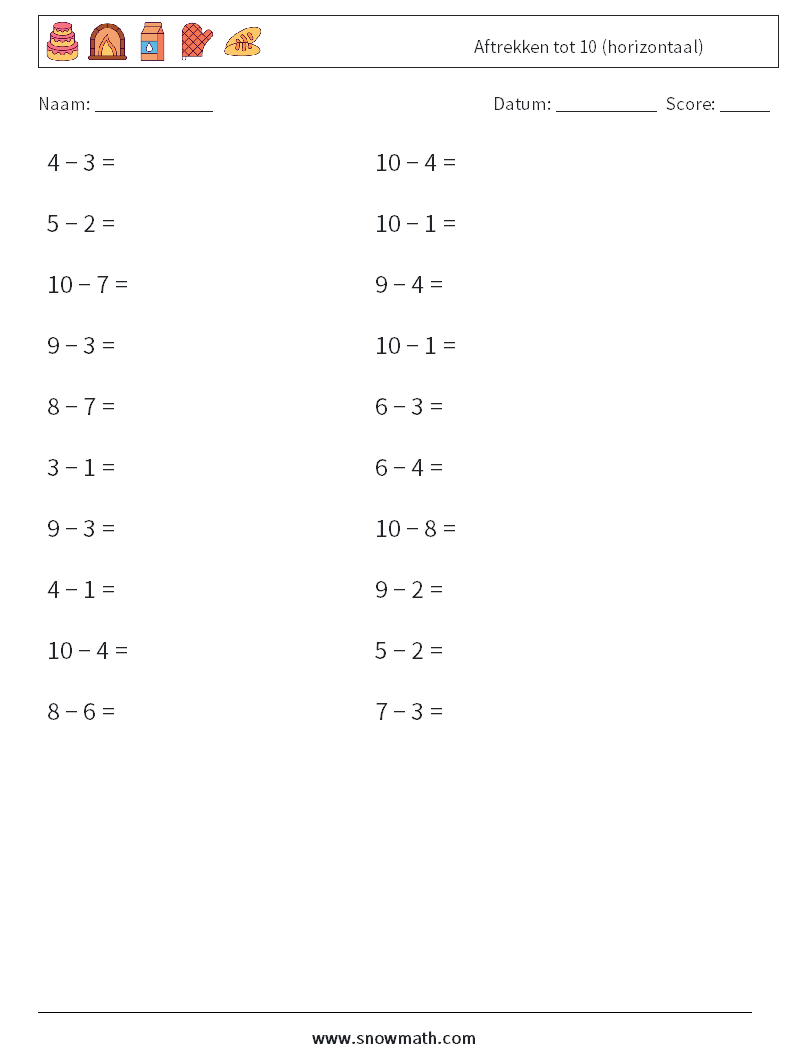 (20) Aftrekken tot 10 (horizontaal) Wiskundige werkbladen 3