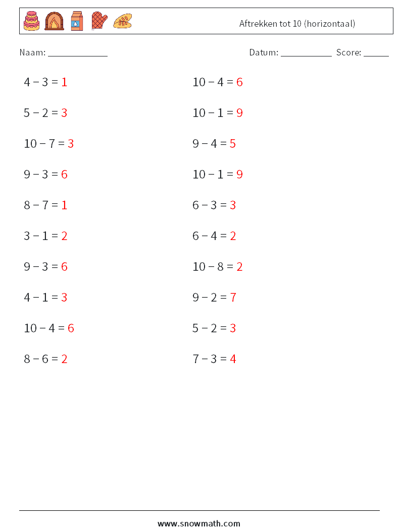 (20) Aftrekken tot 10 (horizontaal) Wiskundige werkbladen 3 Vraag, Antwoord
