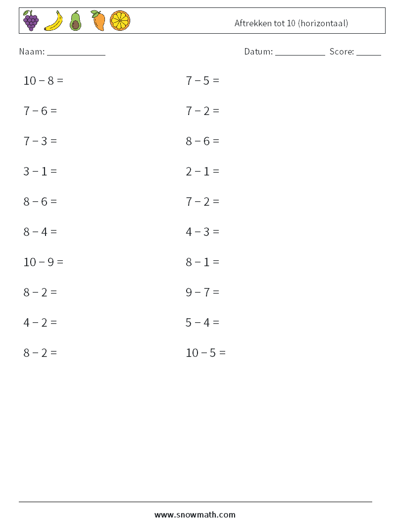 (20) Aftrekken tot 10 (horizontaal) Wiskundige werkbladen 4