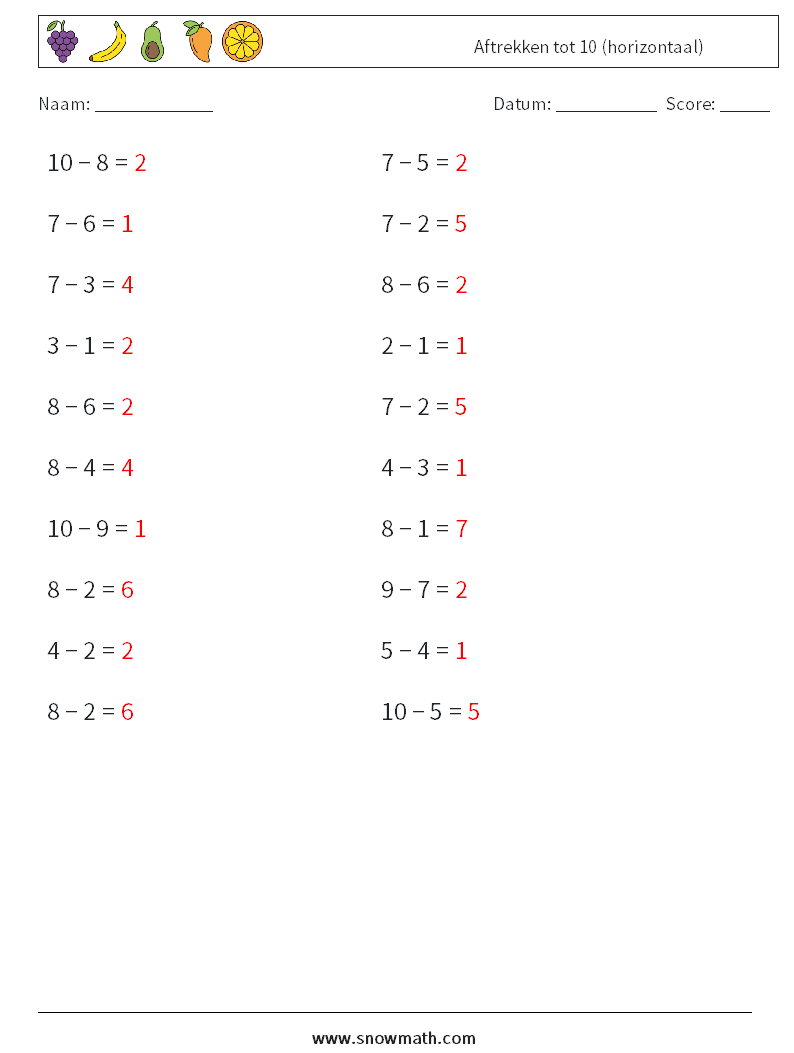(20) Aftrekken tot 10 (horizontaal) Wiskundige werkbladen 4 Vraag, Antwoord
