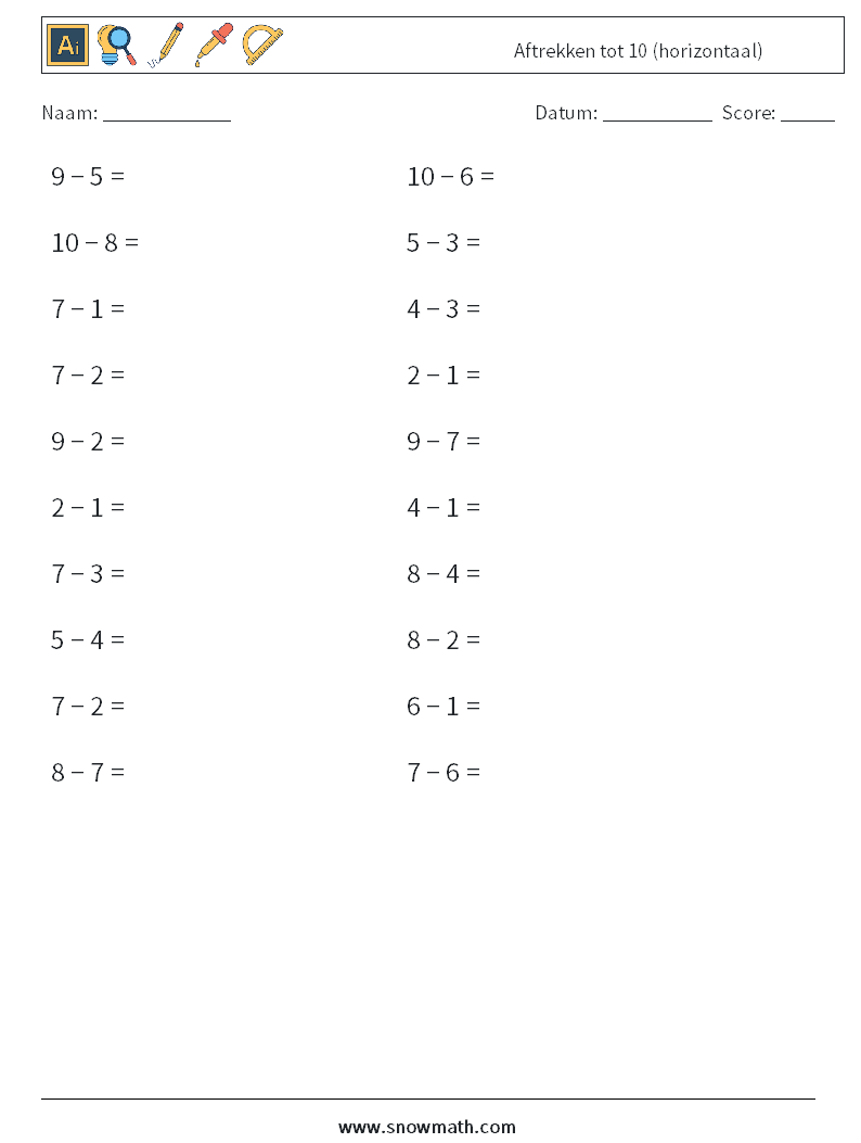 (20) Aftrekken tot 10 (horizontaal) Wiskundige werkbladen 5