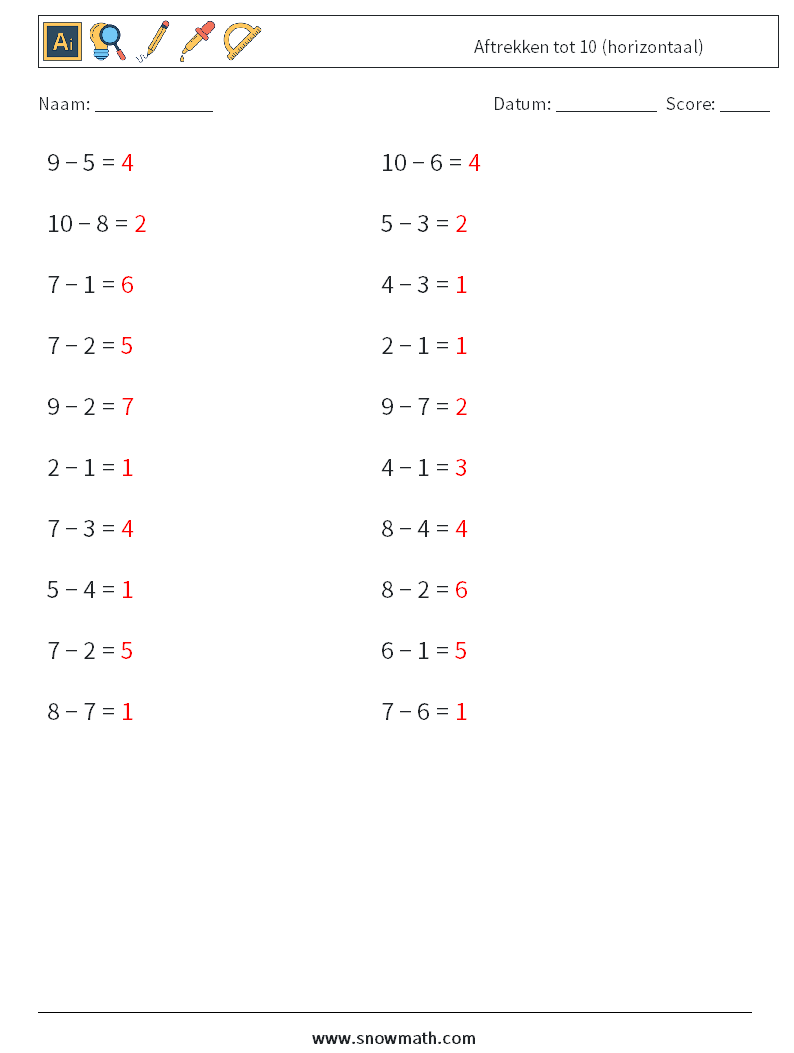 (20) Aftrekken tot 10 (horizontaal) Wiskundige werkbladen 5 Vraag, Antwoord