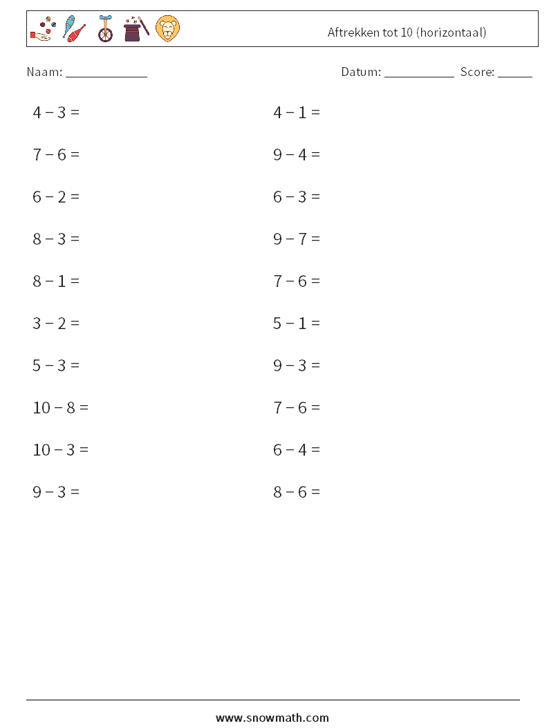 (20) Aftrekken tot 10 (horizontaal) Wiskundige werkbladen 6