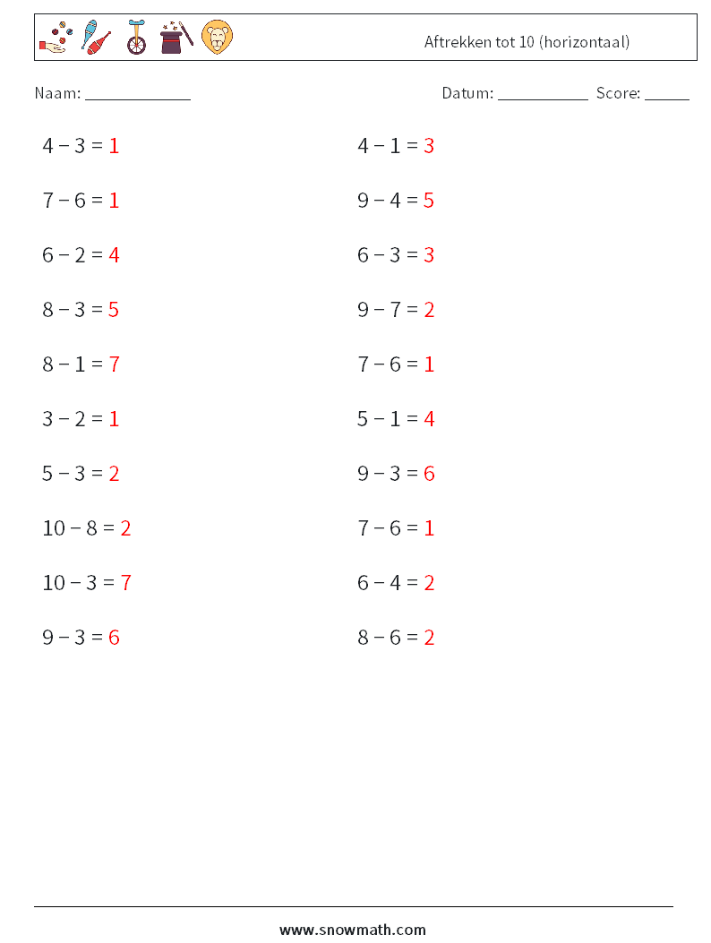 (20) Aftrekken tot 10 (horizontaal) Wiskundige werkbladen 6 Vraag, Antwoord