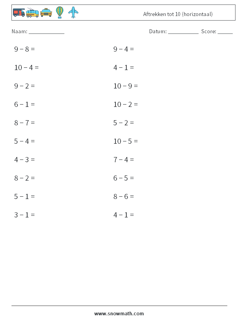 (20) Aftrekken tot 10 (horizontaal) Wiskundige werkbladen 7