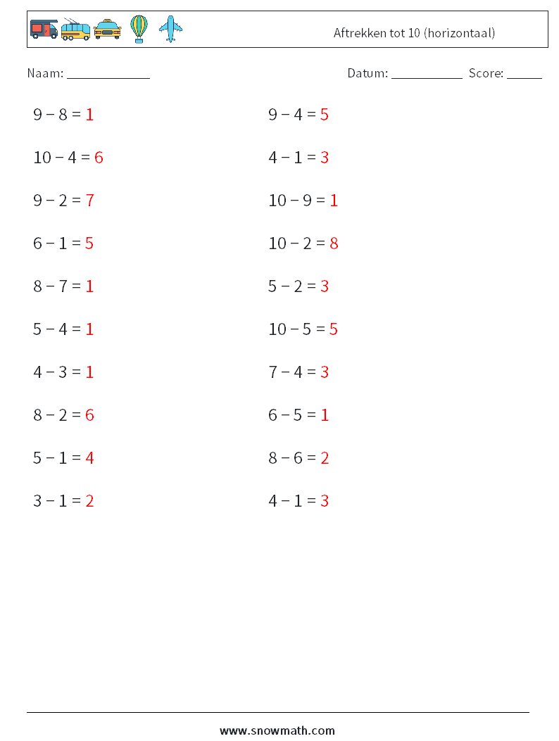 (20) Aftrekken tot 10 (horizontaal) Wiskundige werkbladen 7 Vraag, Antwoord