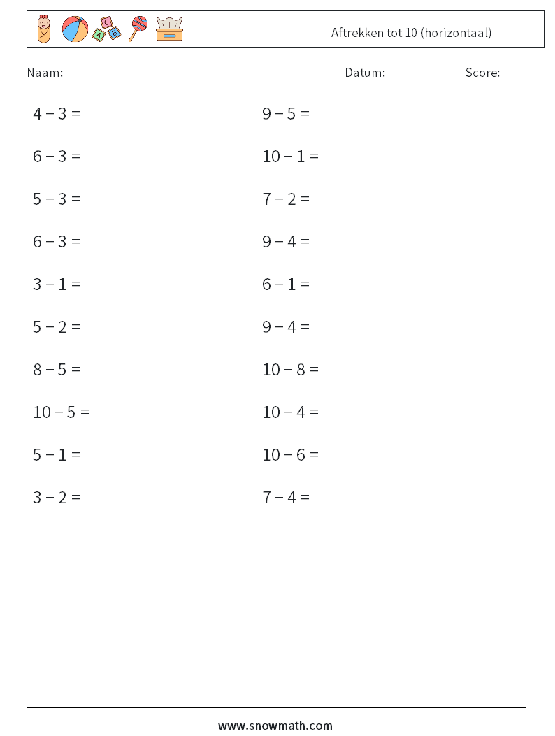 (20) Aftrekken tot 10 (horizontaal) Wiskundige werkbladen 8