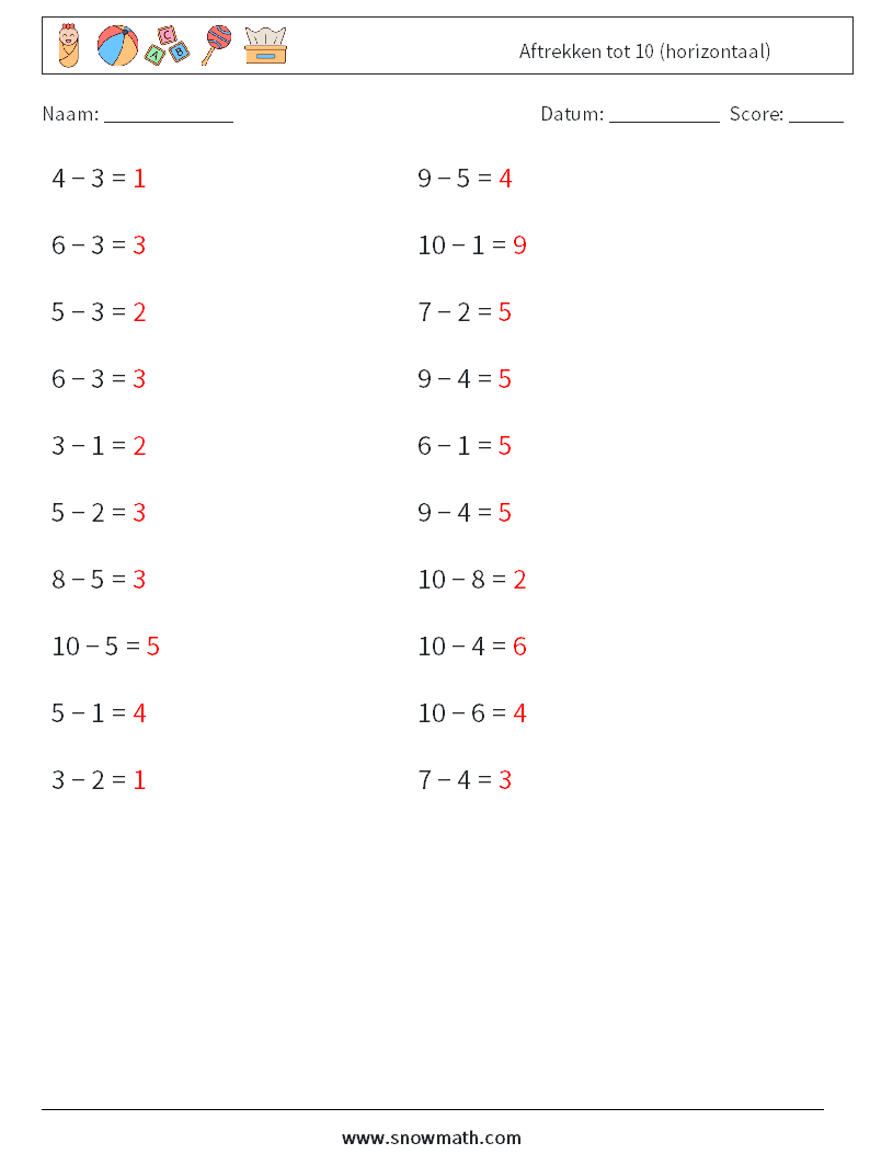 (20) Aftrekken tot 10 (horizontaal) Wiskundige werkbladen 8 Vraag, Antwoord