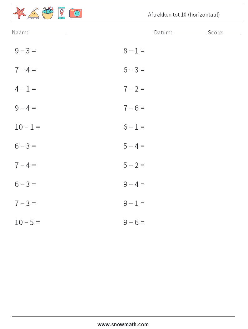 (20) Aftrekken tot 10 (horizontaal) Wiskundige werkbladen 9