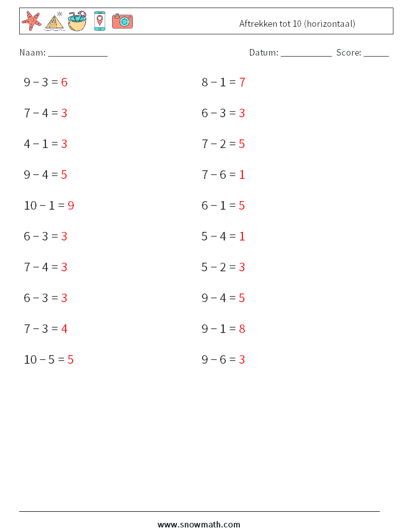 (20) Aftrekken tot 10 (horizontaal) Wiskundige werkbladen 9 Vraag, Antwoord