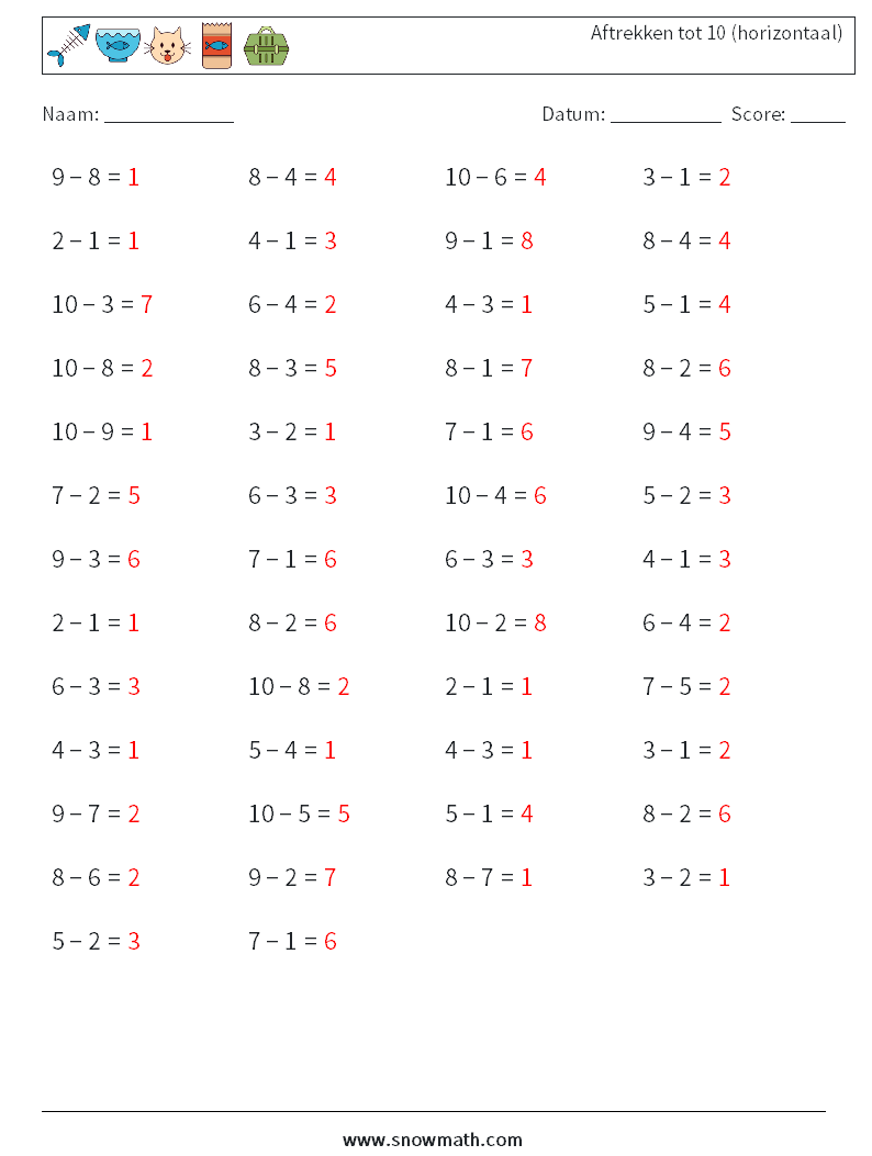 (50) Aftrekken tot 10 (horizontaal) Wiskundige werkbladen 1 Vraag, Antwoord