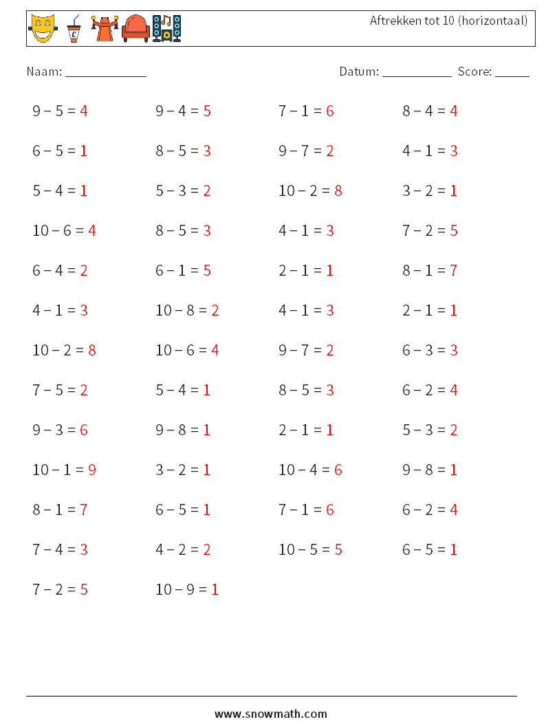 (50) Aftrekken tot 10 (horizontaal) Wiskundige werkbladen 2 Vraag, Antwoord