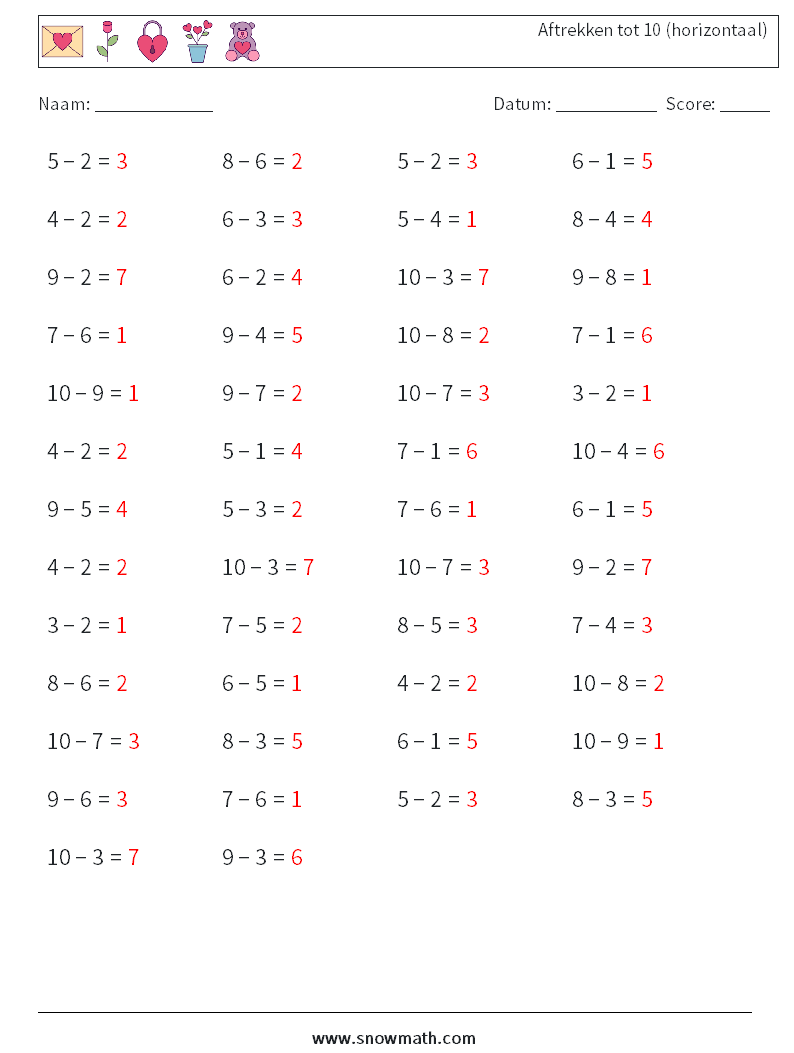 (50) Aftrekken tot 10 (horizontaal) Wiskundige werkbladen 4 Vraag, Antwoord