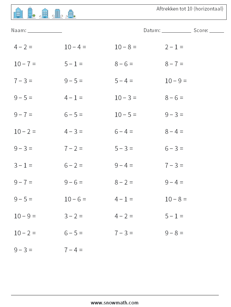 (50) Aftrekken tot 10 (horizontaal) Wiskundige werkbladen 5