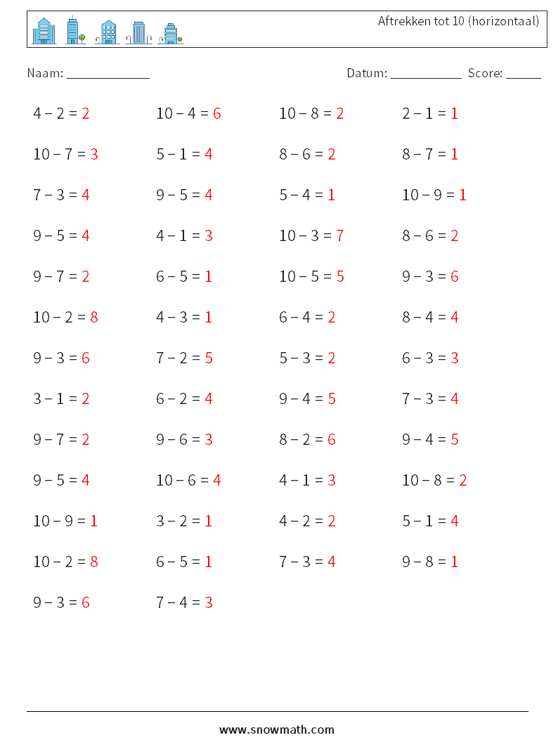 (50) Aftrekken tot 10 (horizontaal) Wiskundige werkbladen 5 Vraag, Antwoord