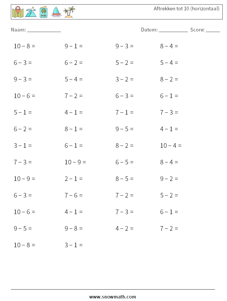 (50) Aftrekken tot 10 (horizontaal) Wiskundige werkbladen 6