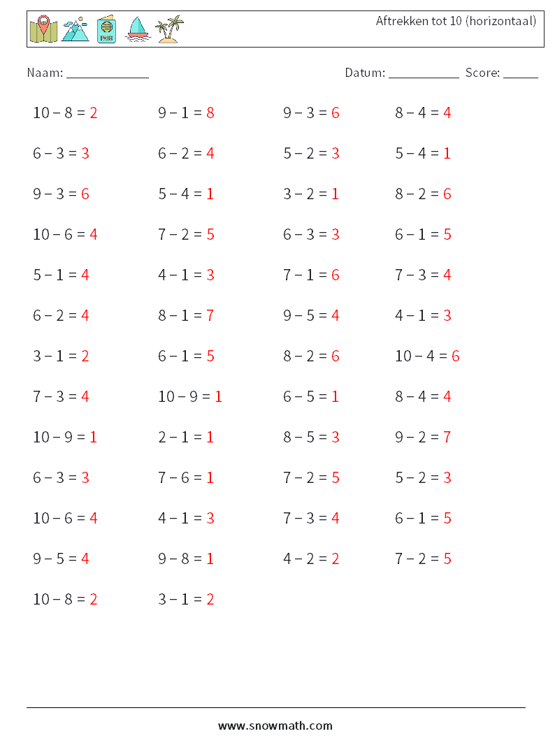 (50) Aftrekken tot 10 (horizontaal) Wiskundige werkbladen 6 Vraag, Antwoord