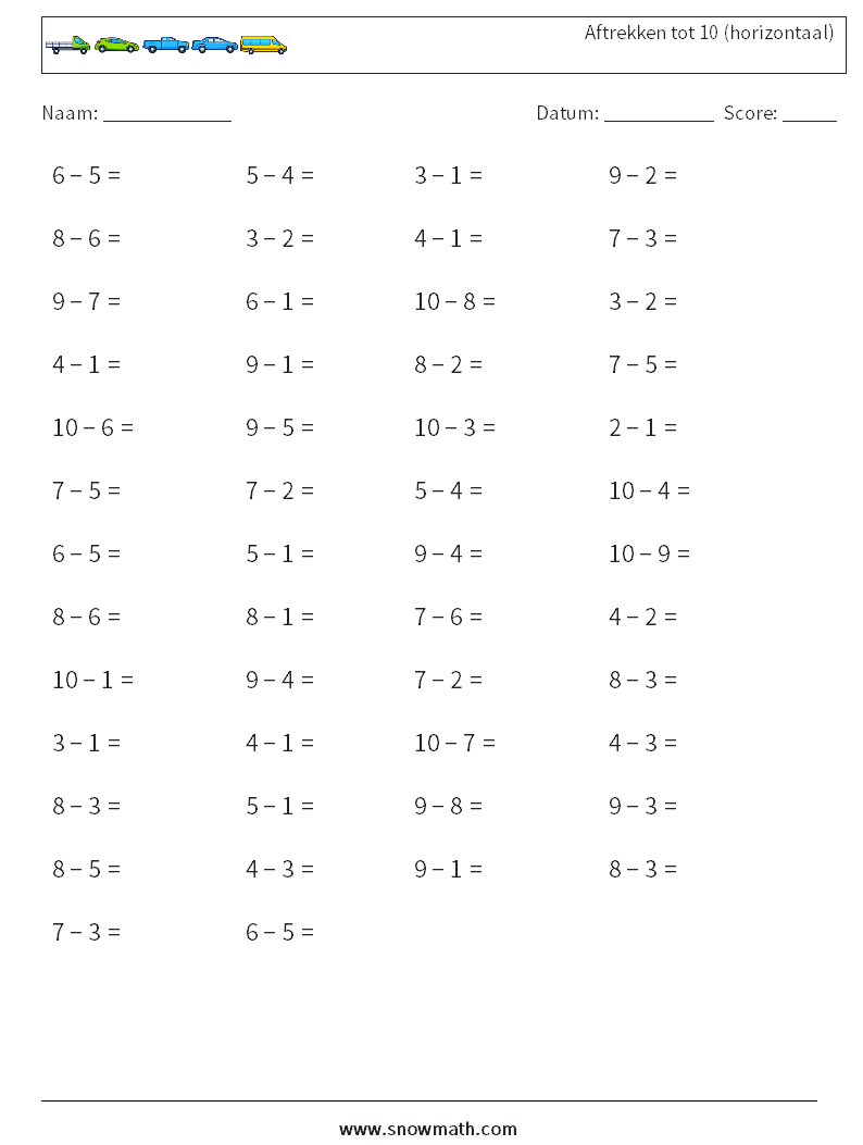 (50) Aftrekken tot 10 (horizontaal) Wiskundige werkbladen 7