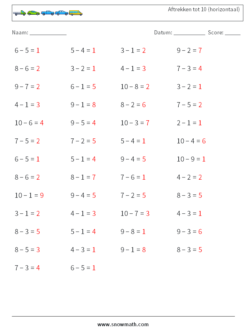 (50) Aftrekken tot 10 (horizontaal) Wiskundige werkbladen 7 Vraag, Antwoord