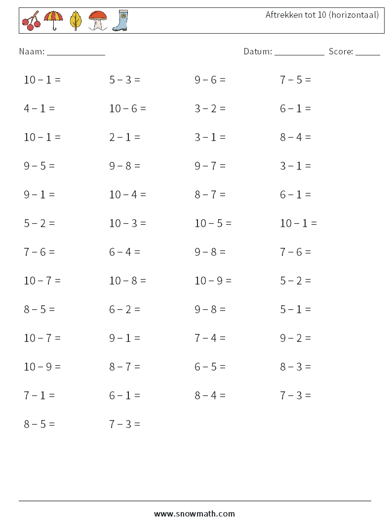 (50) Aftrekken tot 10 (horizontaal) Wiskundige werkbladen 8
