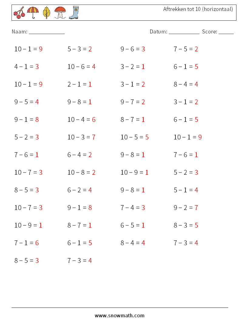 (50) Aftrekken tot 10 (horizontaal) Wiskundige werkbladen 8 Vraag, Antwoord