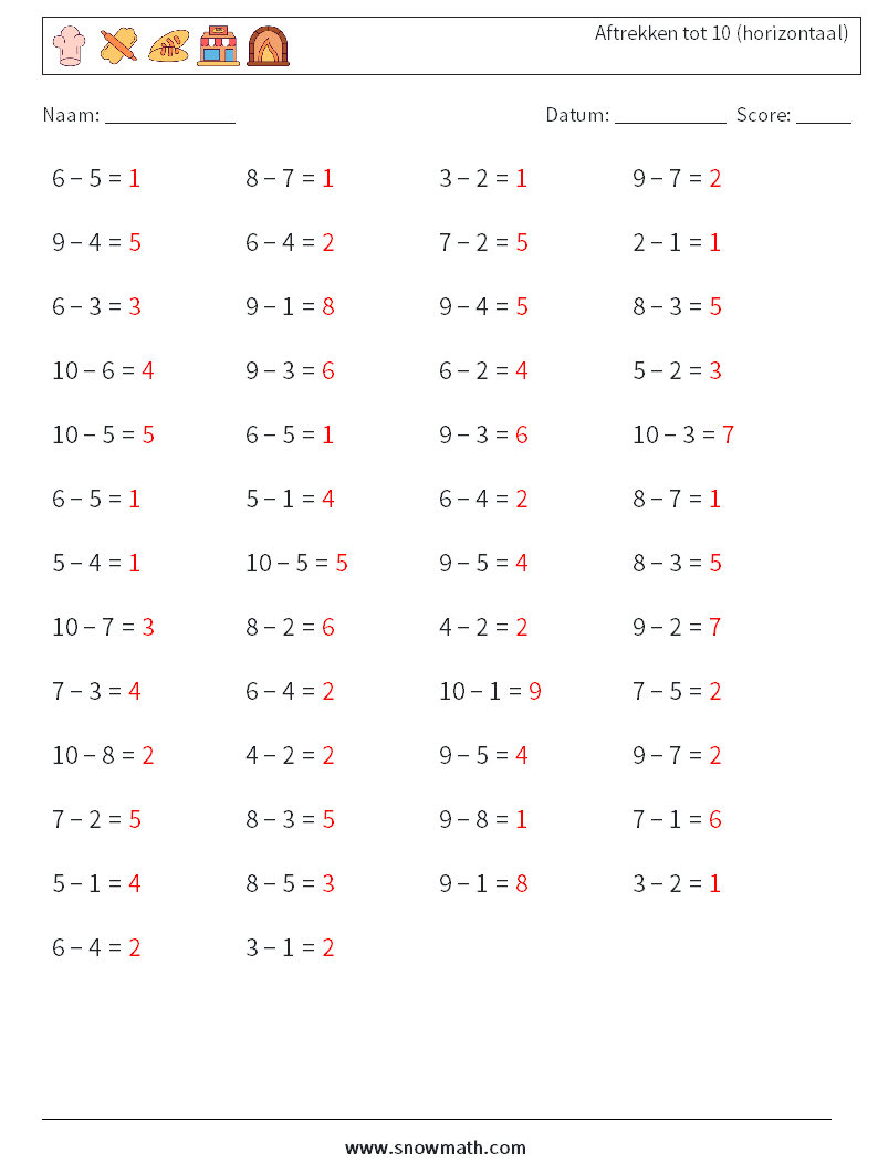 (50) Aftrekken tot 10 (horizontaal) Wiskundige werkbladen 9 Vraag, Antwoord