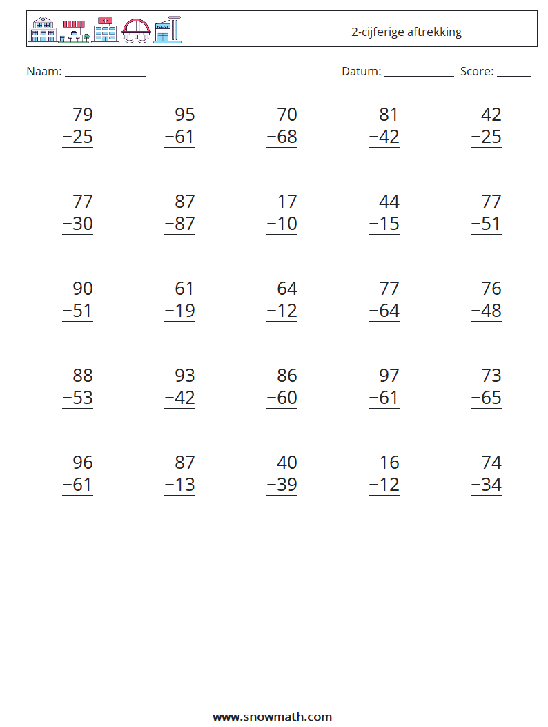 (25) 2-cijferige aftrekking Wiskundige werkbladen 5