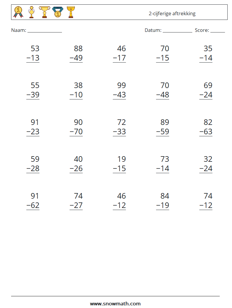 (25) 2-cijferige aftrekking Wiskundige werkbladen 6