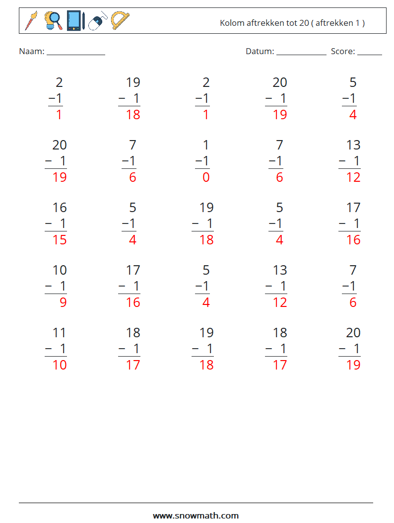 (25) Kolom aftrekken tot 20 ( aftrekken 1 ) Wiskundige werkbladen 15 Vraag, Antwoord