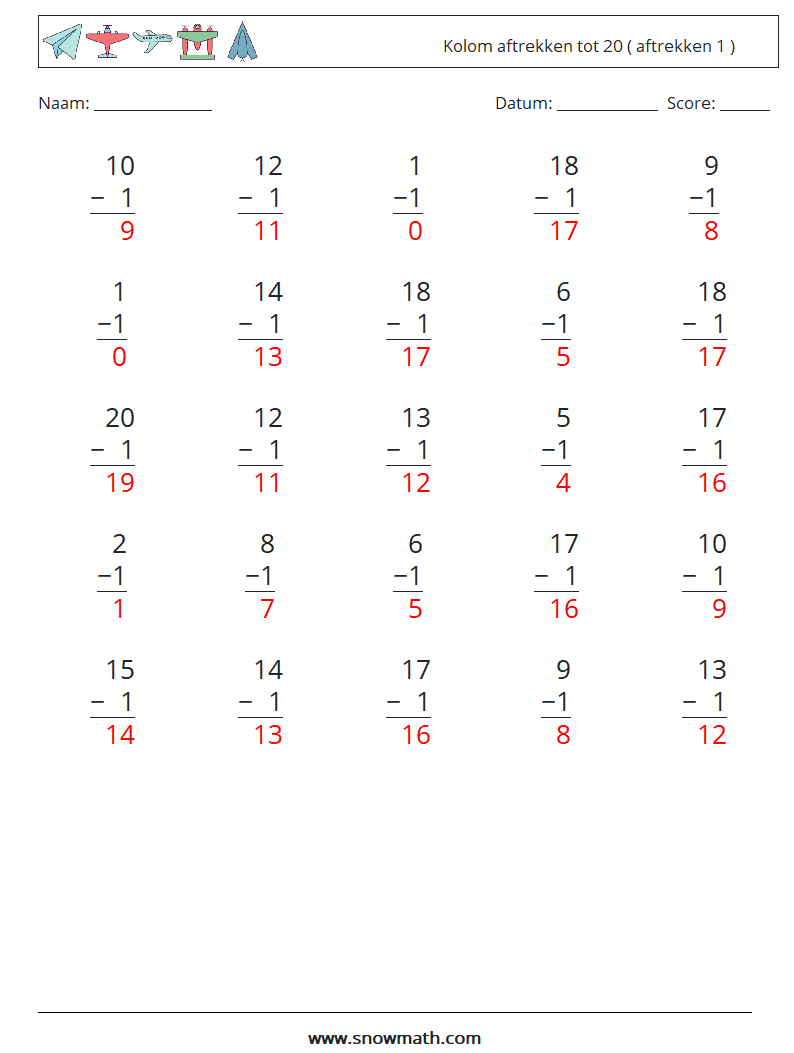 (25) Kolom aftrekken tot 20 ( aftrekken 1 ) Wiskundige werkbladen 16 Vraag, Antwoord