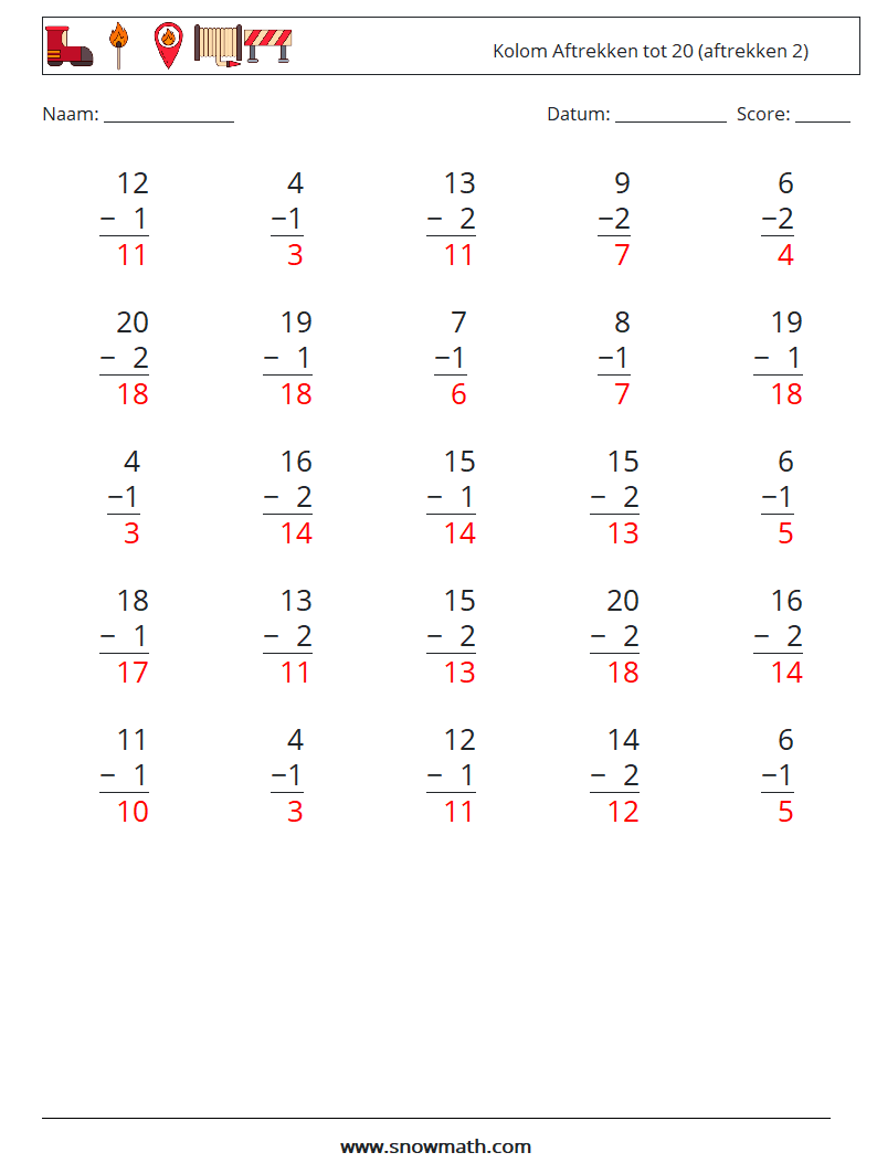 (25) Kolom Aftrekken tot 20 (aftrekken 2) Wiskundige werkbladen 12 Vraag, Antwoord