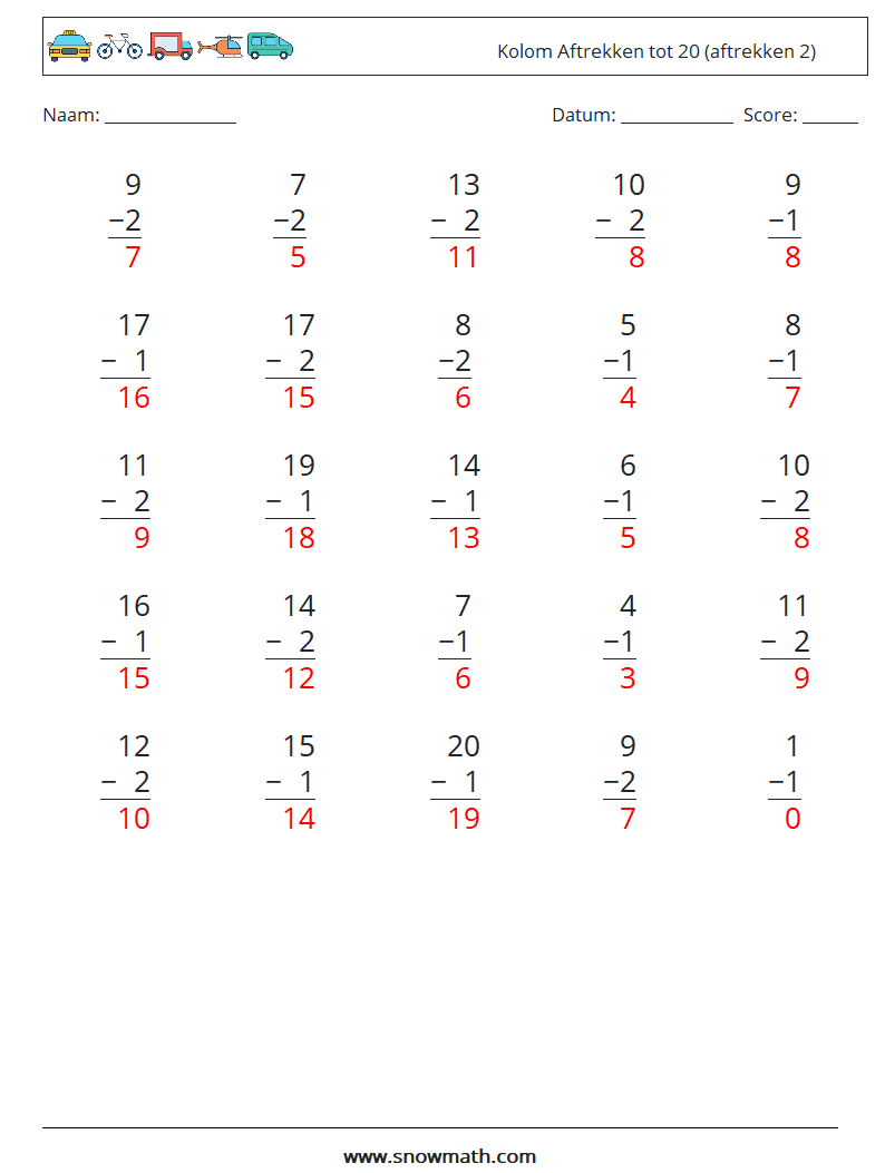 (25) Kolom Aftrekken tot 20 (aftrekken 2) Wiskundige werkbladen 14 Vraag, Antwoord