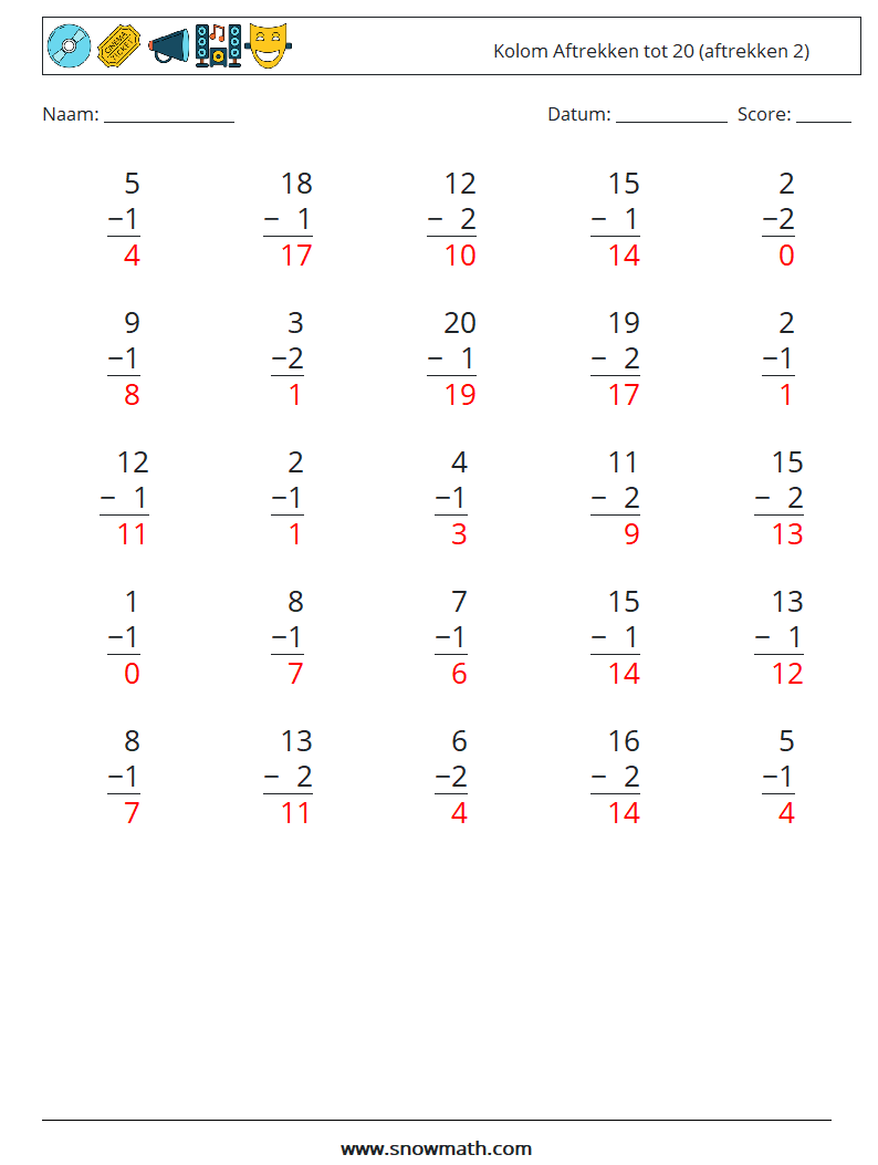 (25) Kolom Aftrekken tot 20 (aftrekken 2) Wiskundige werkbladen 16 Vraag, Antwoord