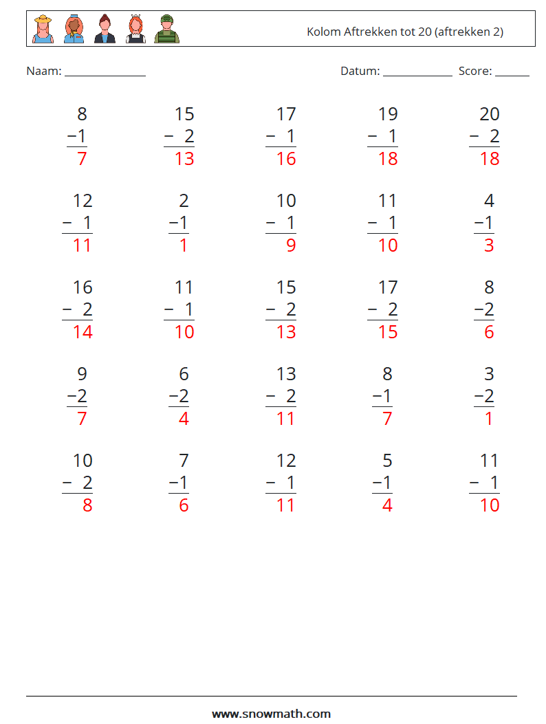 (25) Kolom Aftrekken tot 20 (aftrekken 2) Wiskundige werkbladen 17 Vraag, Antwoord