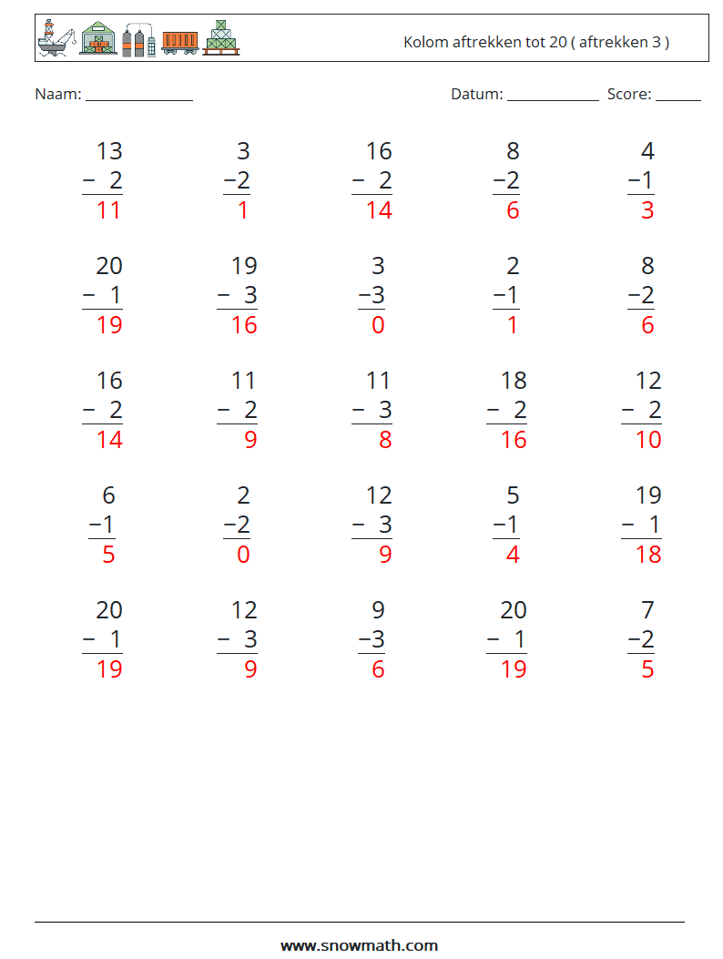 (25) Kolom aftrekken tot 20 ( aftrekken 3 ) Wiskundige werkbladen 11 Vraag, Antwoord