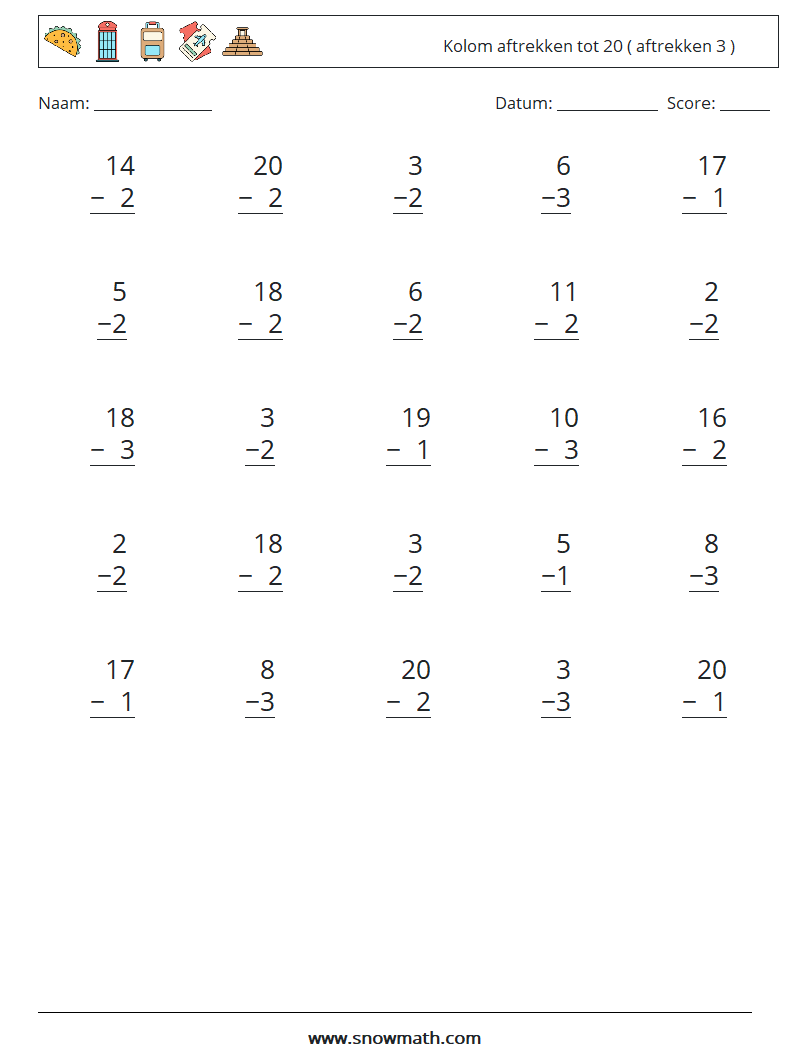 (25) Kolom aftrekken tot 20 ( aftrekken 3 ) Wiskundige werkbladen 14