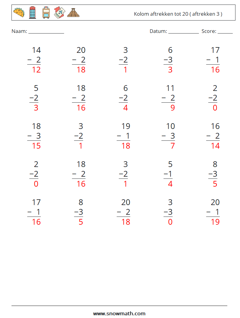 (25) Kolom aftrekken tot 20 ( aftrekken 3 ) Wiskundige werkbladen 14 Vraag, Antwoord